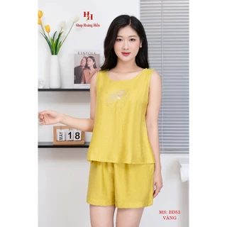 Đồ Bộ Nữ Shop Hoàng Hiền Chất Đũi Tơ Xước Cao Cấp Áo Sát Nách Cổ Tròn Quần Đùi Siêu Thoáng Mát: BD53