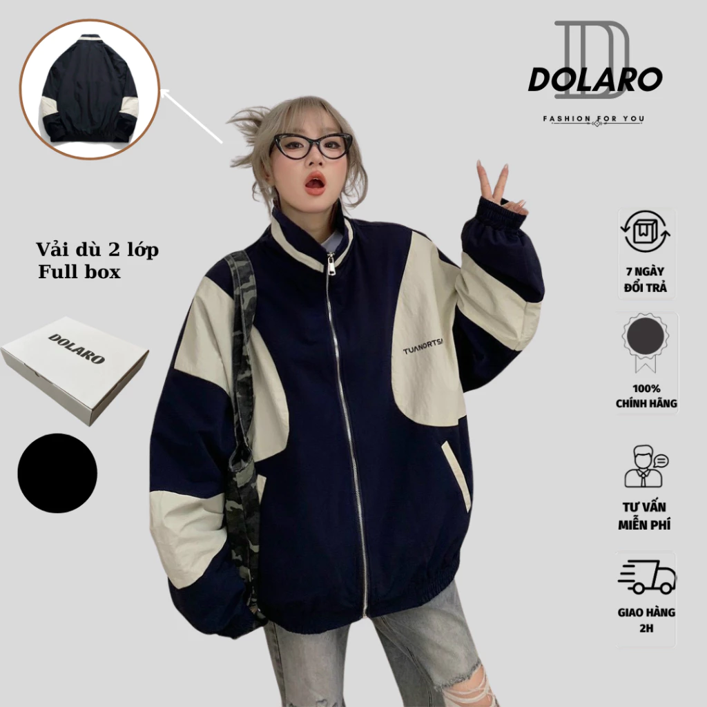 Áo khoác gió 2 lớp DOLARO phối màu,  cổ trụ, khoá zip, áo khoác dù phong cách cao cấp chính hãng