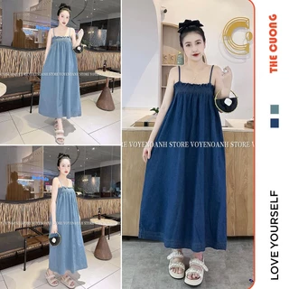 ĐẦM MAXI JEAN HÀNG QUẢNG CHÂU C8772 2 DÂY DÁNG SUÔNG DÀI FORM RỘNG ĐIỆU ĐÀ SANG CHẢNH - VÁY CÔNG SỞ DỰ TIỆC THANH LỊCH