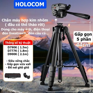 Tripod Điện Thoại Chân Máy Ảnh Cao Cấp 360 Độ D900K, Điều Chỉnh Cao Thấp, Đầu Có Thể Tháo Rời Cao 210cm - HOLOCOM