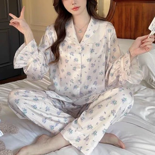 Bộ pijama nữ lụa xước tô châu họa tiết hoa nhí tím thiết kế cổ tròn tay bồng size M