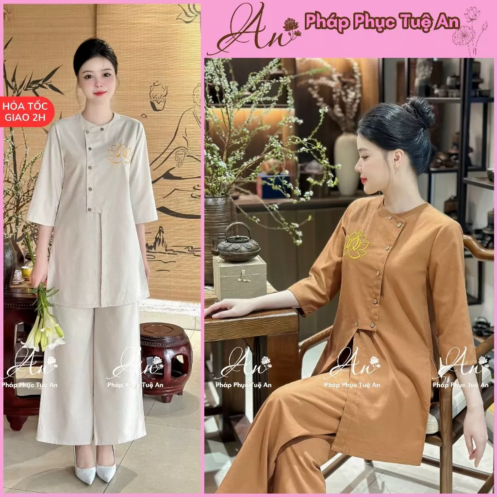 Bộ đi chùa nữ thêu hoa sen chất linen phom dáng dài trang nhã màu kem/ nâu - Pháp Phục Tuệ An