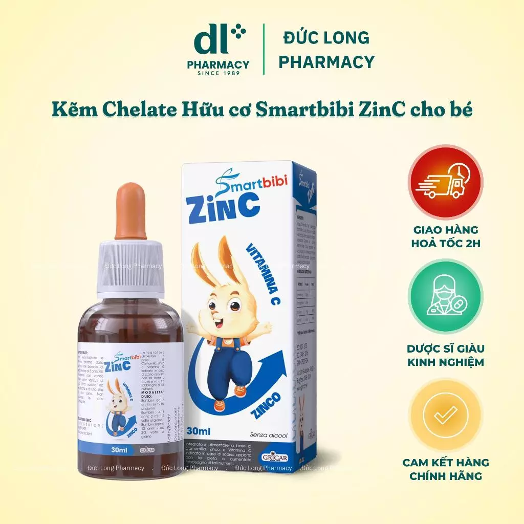 Kẽm Chelate Hữu cơ Smartbibi ZinC - Giúp Trẻ Ăn Ngon, Giảm Ốm Vặt, Tăng Khả Năng Tập Trung-Chai 30ml