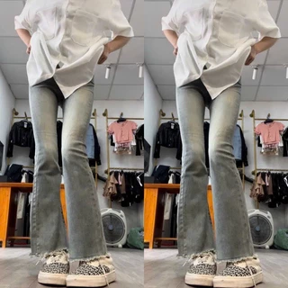 Quần jeans nữ ống loe gấu tua rua co giãn dáng dài lưng cao