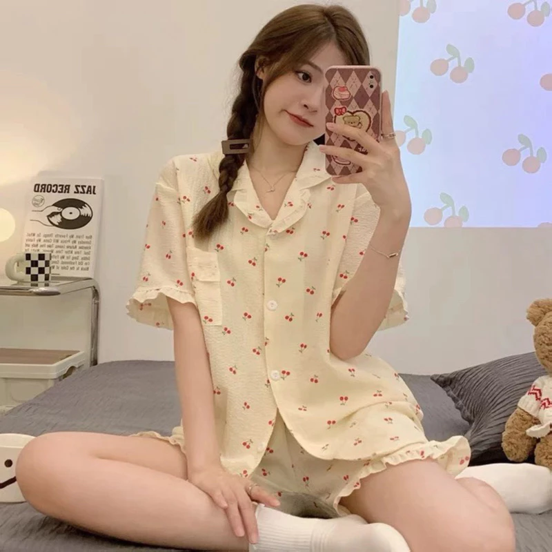 Bộ Ngủ Nữ Mặc Nhà, Bộ Pijama Nữ Hoạ Tiết Cherry Vải Gân Thoáng Mát Nữ Tính Vintage Mùa Hè