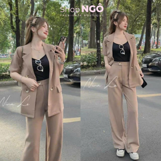 Set bộ đồ thời trang nữ,set áo vest tay ngắn áo lót đen mix quần dài ống suông thanh lịch màu nude sang trọng tôn dáng