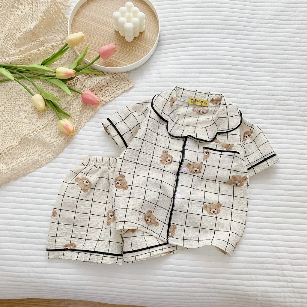 Bộ Pijama Đũi Cộc Tay In Gấu Cho Bé, Bộ Đồ Ngủ Cộc Tay Cho Bé Trai Và Bé Gái Từ 8-27kg - LILA KIDS