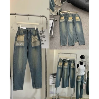 Quần Baggy Jeans Nữ Túi Lộ Rách Kiểu Thêu Chữ KAKA Mẫu Mới Form Chuẩn Cá Tính