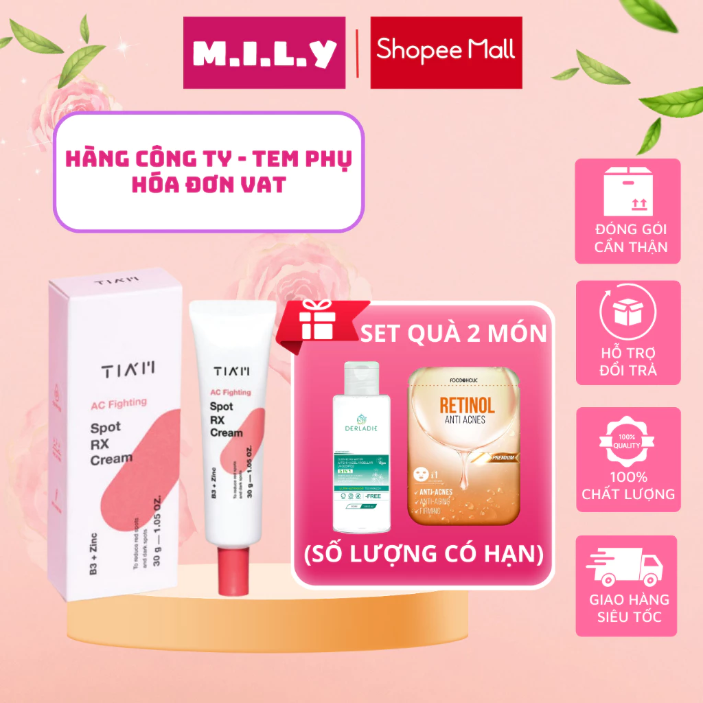 [Hàng CTY] Kem Chấm Mụn TIAM 3 Tác Động Giảm Mụn, Mờ Thâm, Liền Sẹo 10% Niacinamide + 7% Zinc Oxide  AC Cream 30ML