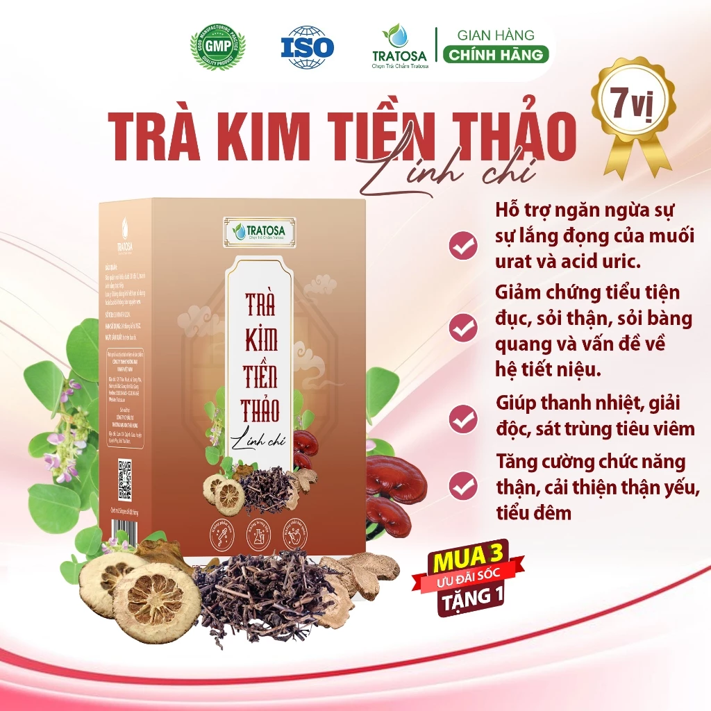 Trà kim tiền thảo linh chi TRATOSA 7 vị hỗ trợ trị sỏi thận, sỏi bàng quang, thận yếu, tiểu đêm, viêm tiết niệu