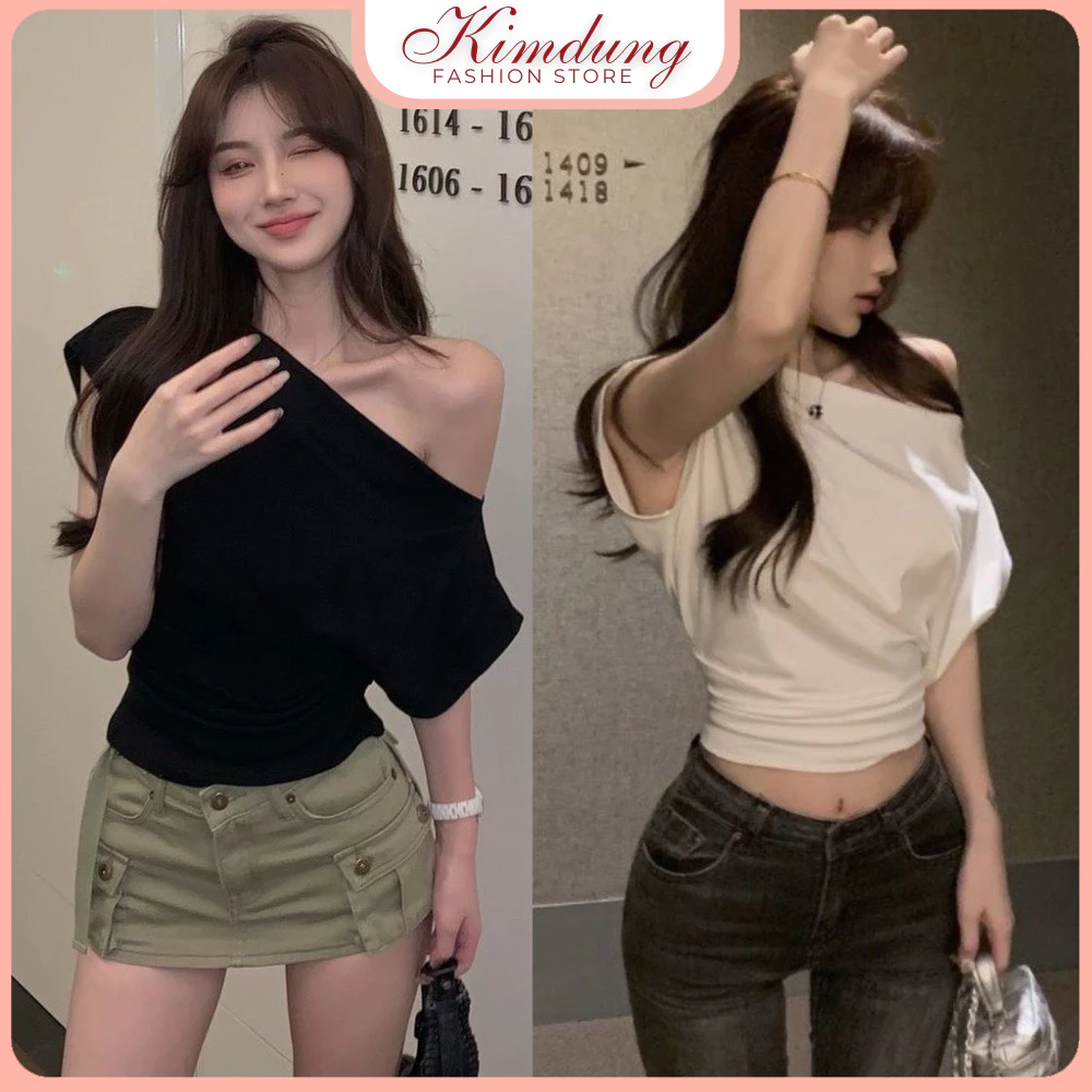 Áo croptop trễ vai cánh dơi nữ , áo crt ngắn tay gợi cảm thun cotton đen trắng dáng ôm kiểu cánh dơi phong cách Hàn Quốc