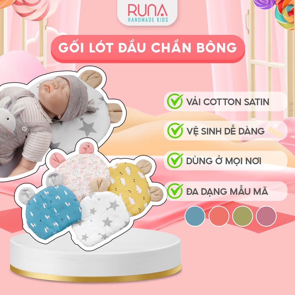 Gối lót đầu cho trẻ sơ sinh RUNA KIDS hình tai gấu chất liệu Satin cao cấp mềm mịn, thoáng mát, an toàn cho da bé