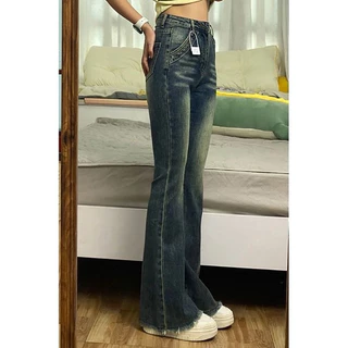 Quần jeans nữ ống loe lưng cao mài đùi tua gấu chất bò màu mới phong cách