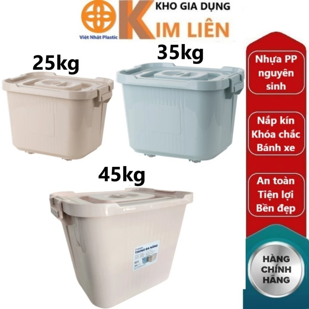 Thùng đa năng nhựa VIỆT NHẬT 25kg, 35kg, 45kg - Nắp kín, khóa gài, bánh xe - Đựng gạo, đồ chơi bé - 5321+5322+5323