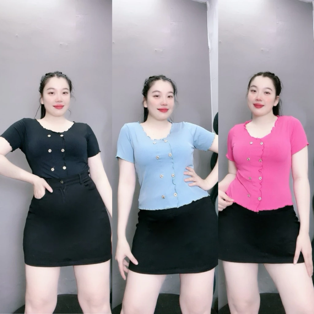 Áo Thun Bigsize Nữ,Áo Kiểu Croptop Tay Ngắn Cúc Liền Big Size Cổ Tim Vải Gân Tăm Lụa Co Giãn Mềm Lên Phom Dễ Thương G86