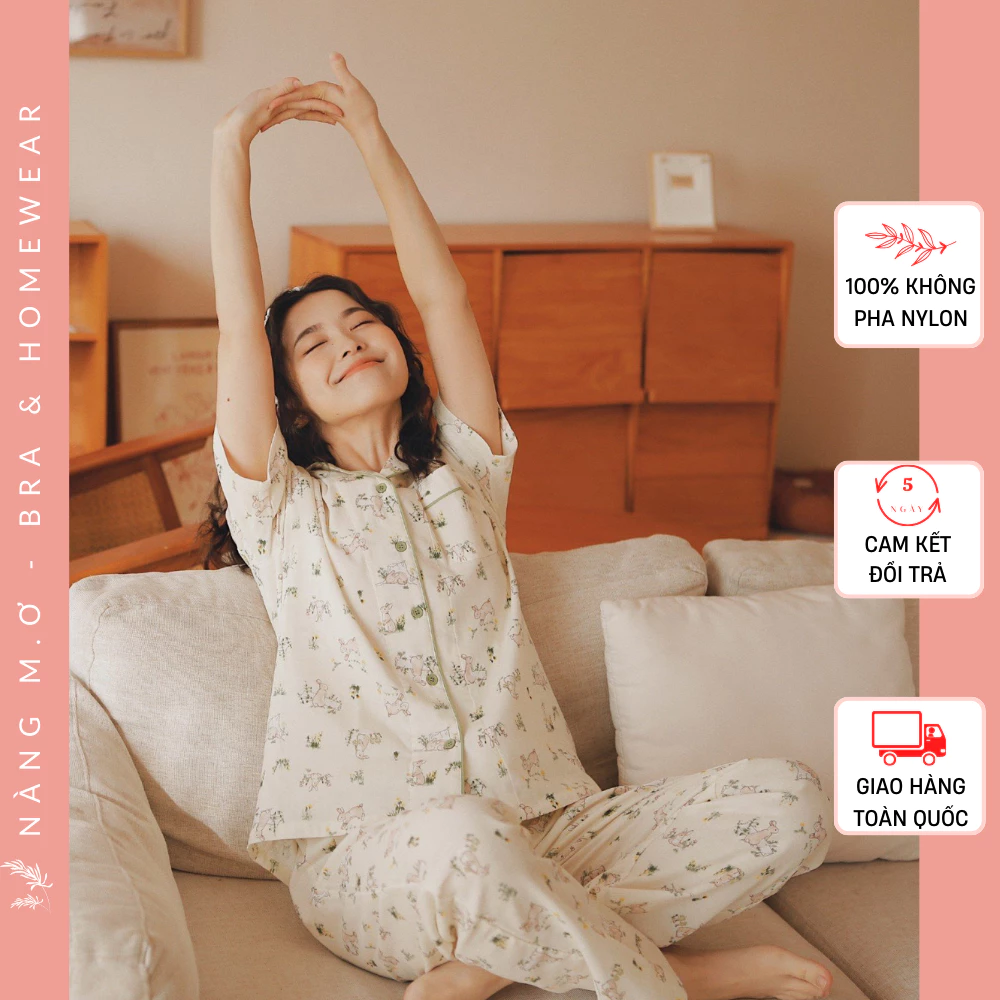 Bộ đồ mặc nhà nữ pyjamas áo cộc quần dài siêu mềm mát cotton tự nhiên viền xanh Rabbit