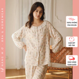 Bộ đồ mặc nhà nữ pyjamas dài tay cotton sợi tre thoáng mát họa tiết Puppy siêu xinh