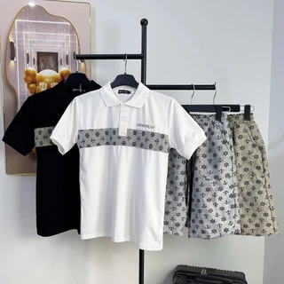 Bộ quần áo nam, set áo thun polo tay ngắn phối ngực thêu chữ MENSWEAR, quần đùi bố thô, phong cách thời trang