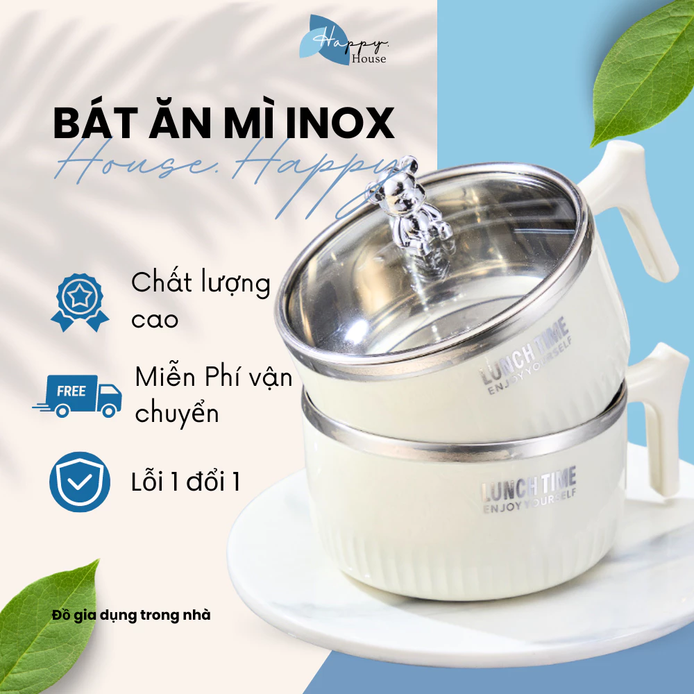 Bát ăn mì chống nóng có nắp đậy hình gấu House Happy dễ thương, sang trọng