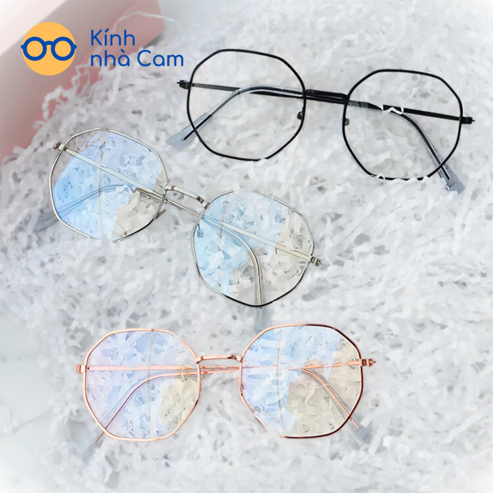 Gọng kính cận nữ nam mắt lục giác kim loại, Kính mắt đa giác tròng giả cận 0 độ chống ánh sáng xanh thời trang FERADO