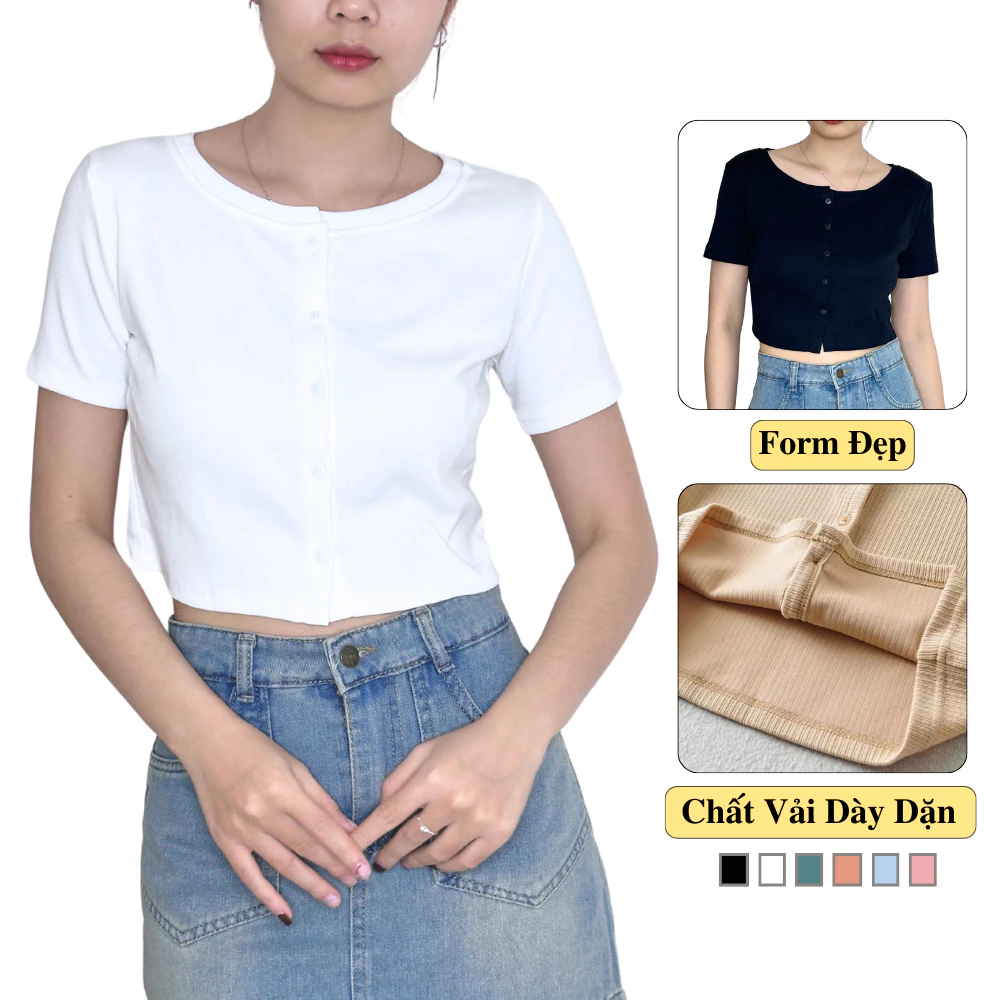 Áo Thun Croptop Cổ Tròn Ngắn Tay Ôm Body Khuy Cúc Madela Vải Mềm Mịn Co Dãn, Croptop Thun Cộc Tay Nữ Cổ Tròn