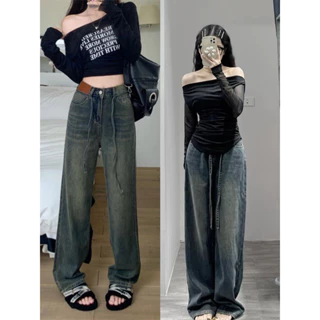 Quần jeans Maia ống suông rộng vừa phối dây rút  màu retro lên dáng siêu đẹp  9062 P5K9 Joly