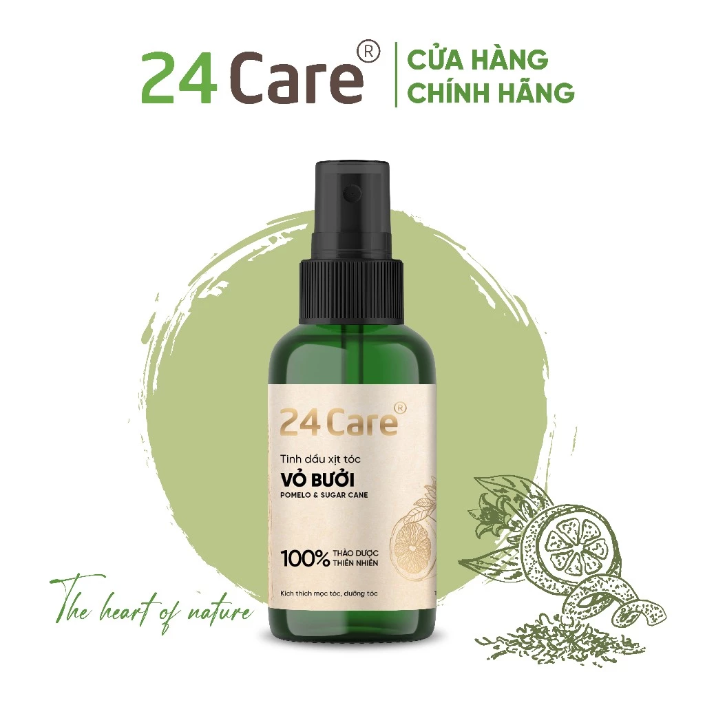 Xịt dưỡng tóc tinh dầu Vỏ Bưởi 24Care 50ml - Ức chế melanin, chống bạc tóc, gãy rụng, cho tóc óng ả