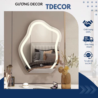 Gương decor hình hạt đậu để bàn trang điểm TDECOR phối viền phun cát cảm ứng led cao cấp tặng kèm đế gỗ