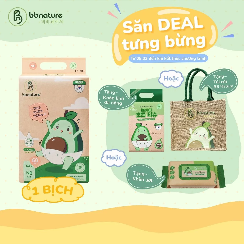 [Mua 1 Bịch Tặng quà] Bỉm BB Nature sợi tre hữu cơ nội địa Hàn mềm mại, mỏng nhẹ khoaitayshop18