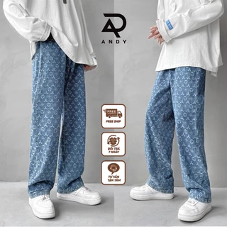 Quần Jean LV Nam Baggy Ống Suông Hoạ Tiết Monogarm Avocado, Quần Bò LV Ống Rộng Cạp Cao Unisex Hot Trend