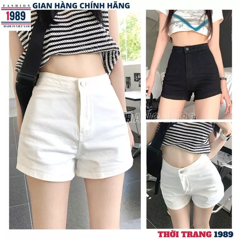 Quần sooc kaki jeans trơn ôm co giãn tôn dáng sành điệu, Quần short nữ đen trắng thời trang đường phố - 1989