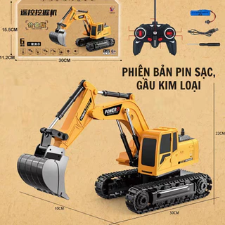 Xe Múc Điều Khiển Từ Xa, Xe Máy Xúc Điều Khiển Từ Xa, Xe Cuốc 6 Kênh (Gầu SẮT, Bánh Xích Cao Su, Pin Sạc Lại)