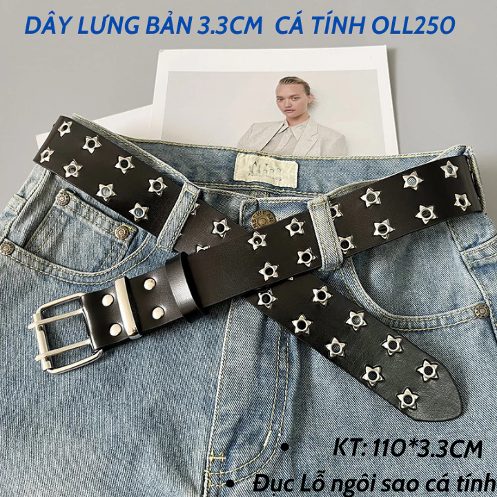 [Có sẵn] Dây thắt lưng mặt vuông 3.3cm đục lỗ Ngôi Sao phong cách Punk cá tính, dây nịt giá tốt OLL250 Olala 86