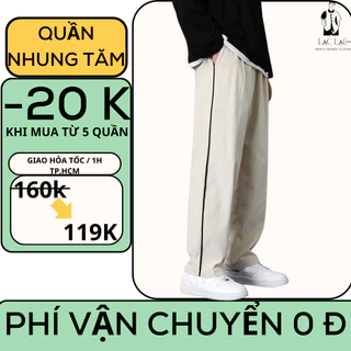 Quần ống rộng nhung tăm phối viền dạng unisex , kiểu quần dài ống suông cạp chun lưng cao có dây rút chỉnh eo