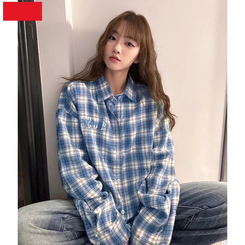 Áo sơ mi dài tay unisex Flannel kẻ caro form rộng phong cách Hàn L1898