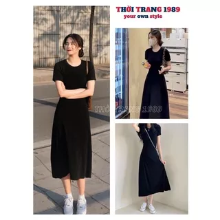 Đầm thun suông cộc tay cổ tròn dáng dài xẻ tà lai cá tính, Váy maxi đen xẻ hàng thiết kế co giãn thoải mái - 1989