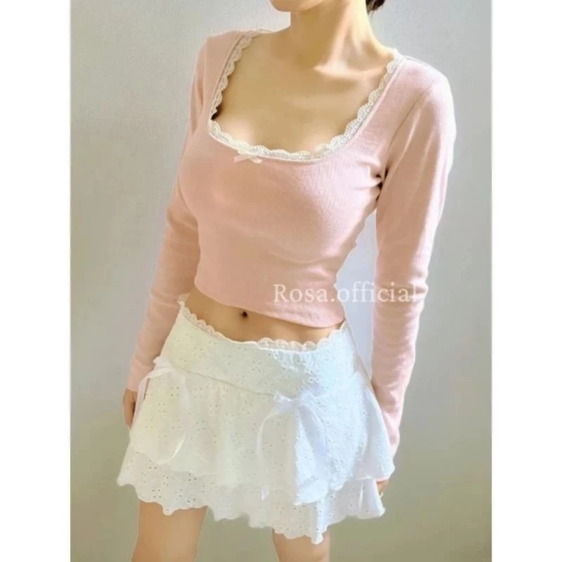 Áo croptop  cổ U  phối ren gắn nơ nữ tính và thời trang tặng dây chuyền khi mua 2 áo