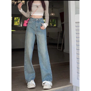 Quần Bò Jeans Nữ Ống Rộng Dáng Suông Cạp Cao Màu Xanh Trơn Basic Mix Túi Sau Dáng Cực Đỉnh