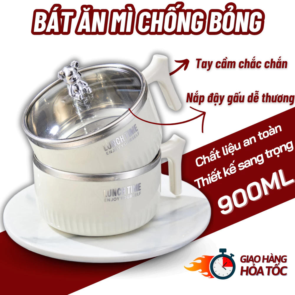 Bát ăn mì chống nóng Uforu cao cấp, tô ăn mì bằng thép không gỉ có nắp đậy gấu dễ thương sang trọng hiện đại tiện dụng