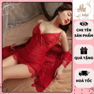 Váy ren sexy , Set đồ ngủ sexy nữ gồm váy và áo choàng kiểu đầm 2 dây xuyên thấu có quần lót khiêu gợi l