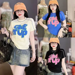 Áo thun nữ babytee viền vai GIVE UP cổ tròn tay ngắn ôm body chất co giãn 4 chiều. Áo thun nữ dáng ôm body AH Design