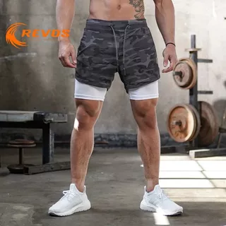 Quần gym nam 2 lớp co giãn thấm hút mồ hôi có đai treo khăn REVOS Quần đùi nam, quần chạy bộ có túi để điện thoại KP042