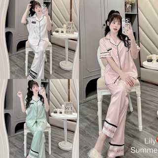 Bộ mặc nhà nữ Pyjama lụa vân xước cao cấp phối viền sang chảnh