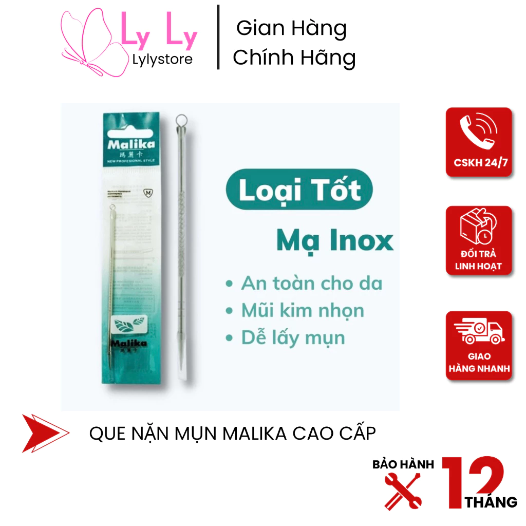 Cây Nặn Mụn, Que Năn Mụn Inox 2 Đầu Malika Dùng Chăm Sóc Da Nặn Mụn