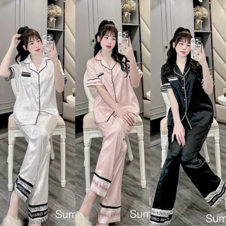 Set bộ đồ nữ Pyjama lụa xước loại 1 mềm mịn nhẹ nhàng cổ vạt đơn giản xinh xắn, Áo cộc Quần dài