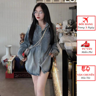 Áo sơ mi bò jeannữ đính đá dài tay dáng dài oversize giấu quần ulzzang Hàn Quốc