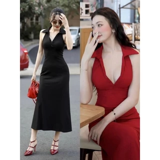 Đầm Sát Nách Cổ Trụ V - Xòe Dài Midi Ôm Body Sexy Basic - Tiểu Thư Bánh Bèo Cute Sang Chảnh Đi Chơi Tiệc Tôn Dáng