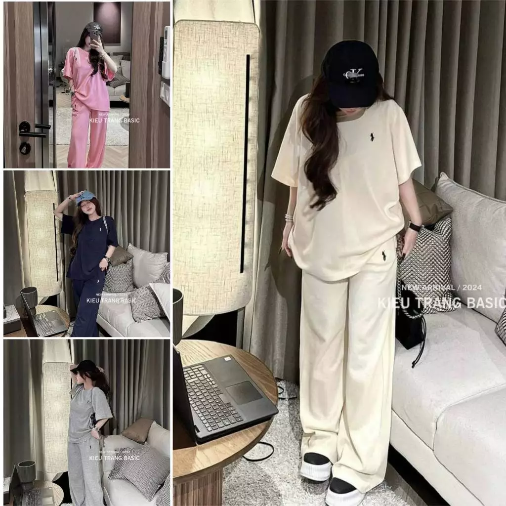 Bộ đồ nữ áo thun nữ tay lỡ quần ống rộng bigsize cạp cao lưng thun thêu ngựa D501