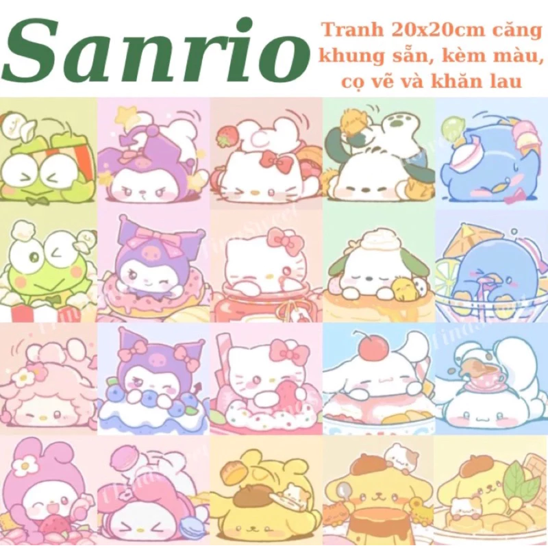 Tranh tô màu theo Sanrio size 20x20cm căng khung sẵn