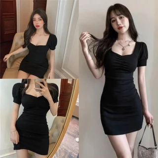 Váy ôm body tay bồng chất thun co dãn màu đen tôn dáng sexy, Đầm body ngắn tay đi chơi dự tiệc sang chảnh hàn quốc